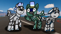 Size: 1192x670 | Tagged: safe, artist:foxfer64_yt, derpibooru import, oc, oc only, oc:blitzwing, oc:xn36 needle, original species, plane pony, pony, cargo ship, day, ears back, happy, hawaii, island, jet, looking at someone, looking at you, looking up, ocean, photo, plane, shipping, smiling, trio, water, waving, waving at you