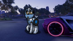 Size: 1192x670 | Tagged: safe, artist:foxfer64_yt, derpibooru import, oc, oc only, oc:silverstream (robot pony), pony, robot, robot pony, amazed, car, city, looking at something, neon, night, park, parking lot, photo, raised hoof, raised leg, skyscraper, solo, tree