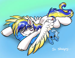 Size: 2700x2087 | Tagged: safe, artist:opalacorn, derpibooru import, trixie, oc, pegasus, pony, unicorn, colored wings, commission, gradient background, gradient wings, lying down, male, pillow, plushie, prone, solo, sploot, spread wings, stallion, wings