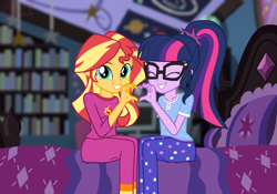 Size: 2000x1400 | Tagged: safe, alternate version, artist:lightning_musicwave_safe, derpibooru import, sci-twi, sunset shimmer, twilight sparkle, human, equestria girls, g4, clothes, cute, female, glasses, heart hands, implied lesbian, implied scitwishimmer, implied shipping, pajamas