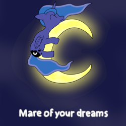 Size: 1080x1080 | Tagged: safe, artist:auro, derpibooru import, princess luna, alicorn, pony, g4, crescent moon, eyes closed, female, hug, luna day, mare, moon, simple background, sleeping, sleeping on moon, solo, space, tangible heavenly object, text