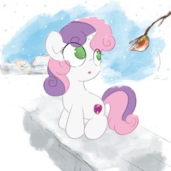 Size: 3000x3000 | Tagged: safe, artist:widelake, derpibooru import, sweetie belle, pony, unicorn, g4, female, filly, foal, leaf, snow, snowfall, solo, winter