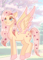 Size: 3736x5174 | Tagged: safe, artist:sanechkaa, derpibooru import, fluttershy, pegasus, pony, g4, alternate hairstyle, alternative cutie mark placement, blushing, coat markings, cute, female, flower, flower in hair, grin, mare, redesign, shyabetes, smiling, solo, unshorn fetlocks
