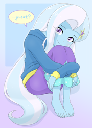 Size: 2894x4020 | Tagged: safe, artist:batipin, derpibooru import, trixie, human, equestria girls, g4, clothes, cute, dialogue, diatrixes, feet, female, fetal position, hairclip, jacket, looking at you, missing shoes, smiling, smiling at you, solo, talking to viewer