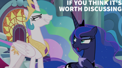 Size: 1920x1080 | Tagged: safe, derpibooru import, edit, edited screencap, editor:quoterific, screencap, princess celestia, princess luna, alicorn, pony, g4, sparkle's seven