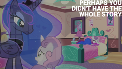 Size: 1920x1080 | Tagged: safe, derpibooru import, edit, edited screencap, editor:quoterific, screencap, princess luna, sweetie belle, alicorn, pony, unicorn, for whom the sweetie belle toils, g4, 5-year-old sweetie belle, bed, puddle