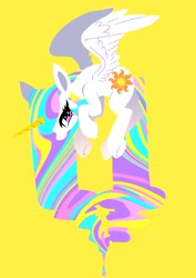 Size: 1448x2048 | Tagged: source needed, safe, artist:stacy_165cut, derpibooru import, princess celestia, alicorn, pony, g4, abstract art, female, mare, melting, modern art, simple background, solo, underhoof, yellow background
