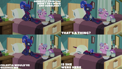 Size: 2000x1125 | Tagged: safe, derpibooru import, edit, edited screencap, editor:quoterific, screencap, nurse sweetheart, princess luna, between dark and dawn, g4, bed, hospital bed, sunburn