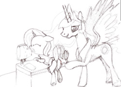 Size: 591x422 | Tagged: safe, derpibooru import, princess celestia, trixie, alicorn, unicorn, g4, /mlp/, butt, chair, concave belly, crown, desk, duo, female, filly, foal, hoof hold, horn, jewelry, jpg, long horn, mare, monochrome, peytral, plot, regalia, simple background, size difference, sketch, slender, spanking, spread wings, the great and powerful ass, thin, traditional art, white background, wings