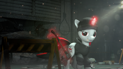 Size: 1920x1080 | Tagged: safe, artist:shark_vil, derpibooru import, oc, oc only, oc:blackjack, fallout equestria, fallout equestria: project horizons, 3d, axe, barricade, car, cigarette, clothes, hat, hoodie, horn, magic, magic aura, red eyes, source filmmaker, weapon, white body