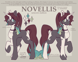 Size: 2500x2000 | Tagged: safe, artist:lionbun, derpibooru import, oc, oc:novellis, unicorn, choker, fancy, jewelry, male, necklace, ponytail, reference sheet, sketch, stallion