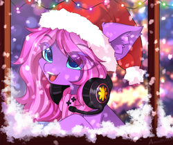 Size: 3594x3014 | Tagged: safe, alternate version, artist:airiniblock, derpibooru import, oc, oc only, oc:lillybit, earth pony, pegasus, pony, alternate character, big ears, chest fluff, christmas, christmas lights, clothes, cute, ear fluff, ears, eye clipping through hair, eyebrows, eyebrows visible through hair, female, hat, headphones, high res, holiday, mare, open mouth, open smile, pegasus oc, santa hat, scarf, smiling, snow, snowfall, solo, teeth, window, winter
