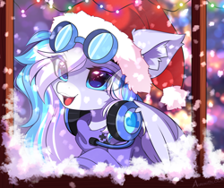 Size: 3594x3014 | Tagged: safe, alternate version, artist:airiniblock, derpibooru import, oc, oc only, oc:skydrive, pegasus, pony, alternate character, big ears, chest fluff, christmas, christmas lights, cute, ear fluff, ears, eye clipping through hair, eyebrows, eyebrows visible through hair, female, hat, headphones, high res, holiday, mare, open mouth, open smile, pegasus oc, santa hat, smiling, snow, snowfall, solo, teeth, window, winter