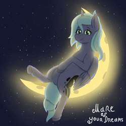 Size: 1200x1200 | Tagged: safe, artist:terminalhash, derpibooru import, princess luna, alicorn, pony, backlighting, belly, crescent moon, cutie mark, eyelashes, female, filly, foal, folded wings, frog (hoof), hoof on belly, hooves, looking at you, lying down, mare, moon, on back, s1 luna, smiling, smiling at you, solo, space, stars, tangible heavenly object, text, underhoof, wings, woona, younger