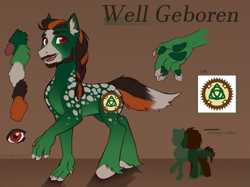 Size: 831x622 | Tagged: safe, artist:helemaranth, derpibooru import, oc, oc:well geboren, dog, dog pony, earth pony, hybrid, original species, pony, facial hair, parent:diamond dog, reference sheet, silhouette, size comparison, solo