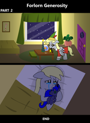Size: 1920x2608 | Tagged: safe, artist:platinumdrop, derpibooru import, derpy hooves, princess luna, alicorn, fish, pegasus, pony, comic:forlorn generosity, g4, 2 panel comic, alone, bed, bedroom, bell, blanket, candy, candy cane, chair, christmas, christmas ornaments, christmas tree, closed door, clothes, comic, commission, costume, crying, cuddling, depressed, dimly lit, door, ears, elf costume, elf hat, feathered hat, female, fish bowl, fishbowl, floppy ears, food, front door, furniture, goldfish, hat, hearth's warming, holiday, indoors, jewelry, mare, mouth hold, muffin, necklace, ornaments, outfit, painting, pet, pet fish, picture frame, plant, plushie, potted plant, sad, snow, snowfall, solo, table, tears of sadness, toy, tree, wall of tags, water, window, wings, wings down, winter