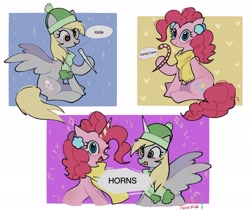 Size: 2048x1723 | Tagged: safe, artist:petaltwinkle, derpibooru import, derpy hooves, pinkie pie, earth pony, pegasus, pony, candy, candy cane, clothes, comic, cute, derpabetes, dialogue, diapinkes, duo, earmuffs, fake horn, female, food, hat, heart, heart eyes, hoof hold, icicle, looking at you, mare, one eye closed, open mouth, open smile, scarf, simple background, smiling, smiling at you, snow, snowfall, speech bubble, spread wings, tongue, tongue out, white background, wingding eyes, wings, wink, winking at you