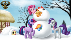 Size: 7680x4320 | Tagged: safe, artist:tsaritsaluna, derpibooru import, applejack, fluttershy, pinkie pie, rainbow dash, rarity, twilight sparkle, earth pony, pegasus, unicorn, clothes, hat, igloo, mane six, scarf, scene interpretation, snow, snowman, tree