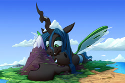 Size: 2000x1320 | Tagged: safe, artist:tsitra360, derpibooru import, queen chrysalis, changeling, changeling queen, g4, canterlot, cloudsdale, commission, fanfic art, female, macro, solo