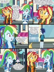 Size: 768x1024 | Tagged: source needed, safe, artist:ilaria122, derpibooru import, rainbow dash, soarin', sunset shimmer, human, comic:a mysterious rival, equestria girls, g4, comic, female, implied shipping, implied soarindash, implied straight, male