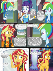 Size: 768x1024 | Tagged: source needed, safe, artist:ilaria122, derpibooru import, rainbow dash, rarity, sunset shimmer, human, pony, unicorn, comic:a mysterious rival, equestria girls, g4, comic, female, implied shipping, implied soarin', implied soarindash, implied straight