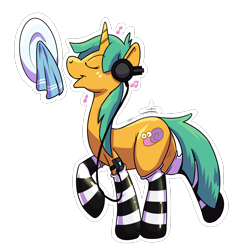 Size: 2000x2000 | Tagged: safe, artist:rawr, derpibooru import, snails, spice, original species, pony, unicorn, g4, clothes, dishes, eyes closed, headphones, high res, latex, latex socks, male, mp3 player, music notes, plate, profile, rubber, rubber pony, rule 63, simple background, socks, solo, striped socks, towel, transparent background