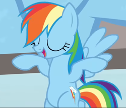 Size: 840x721 | Tagged: safe, derpibooru import, screencap, rainbow dash, pegasus, pony, fame and misfortune, g4, cropped, eyes closed, open mouth, solo