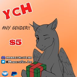 Size: 1600x1600 | Tagged: safe, artist:monolith_skyline, derpibooru import, oc, pony, any gender, christmas, commission, gradient background, holiday, horn, looking at you, one eye closed, present, smiling, smiling at you, solo, wings, ych sketch, your character here