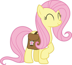 Size: 7672x6975 | Tagged: safe, artist:starryshineviolet, derpibooru import, fluttershy, pegasus, pony, daring doubt, g4, ^^, absurd resolution, bag, cute, eyes closed, female, folded wings, mare, raised hoof, raised leg, saddle bag, shyabetes, simple background, smiling, solo, transparent background, vector, wings