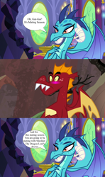 Size: 1280x2160 | Tagged: safe, derpibooru import, edit, edited edit, edited screencap, screencap, dragon lord ember, garble, princess ember, dragon, g4, season 7, season 9, sweet and smoky, triple threat, spoiler:s09, aroused, bedroom eyes, bite mark, blushing, comparison, dragoness, exclamation point, female, flirting, hand on chest, imminent inbreeding, imminent incest, imminent sex, implied inbreeding, implied incest, implied sex, implied smolder, inbreeding, incest, indoors, male, mating season, outdoors, princess, royalty, ship:smolble, shipping, shipping domino, smiling, speech bubble, spread wings, straight, surprised, symbol, teenaged dragon, twilight's castle, wall of tags, wings