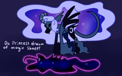 Size: 1280x800 | Tagged: safe, artist:goatpaste, derpibooru import, princess luna, tantabus, alicorn, pony, do princesses dream of magic sheep, g4, season 5, duo, ethereal mane, ethereal tail, fangs, female, hoof fluff, leonine tail, looking at something, looking down, mare, spread wings, tail, unshorn fetlocks, wings