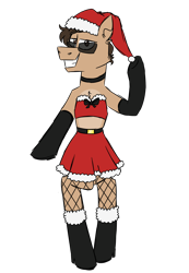 Size: 900x1300 | Tagged: safe, artist:fuckomcfuck, derpibooru import, oc, oc only, oc:all star, earth pony, pony, belt, bipedal, boots, bow, chest fluff, christmas, clothes, crossdressing, fishnets, glasses, hat, holiday, looking at you, male, midriff, santa hat, shoes, simple background, skirt, solo, stallion, sunglasses, transparent background