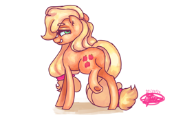 Size: 3600x2400 | Tagged: safe, artist:mannybcadavera, derpibooru import, applejack, earth pony, pony, g4, applebutt, butt, eyebrows, eyebrows visible through hair, female, grin, hatless, high res, lidded eyes, looking at you, looking back, looking back at you, mare, missing accessory, plot, raised hoof, raised leg, simple background, smiling, smiling at you, solo, underhoof, white background