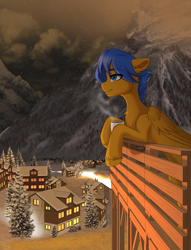 Size: 1300x1700 | Tagged: safe, artist:cakkeyy, derpibooru import, oc, oc only, oc:crushingvictory, pegasus, pony, chocolate, folded wings, food, hot chocolate, mountain, night, smiling, snow, snowfall, solo, stars, tree, village, wings, winter