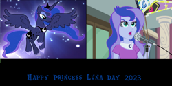 Size: 2000x1000 | Tagged: safe, artist:mlpfan3991, derpibooru import, princess luna, vice principal luna, alicorn, human, pony, equestria girls, friendship games, g4, 2023, female, luna day, solo