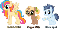 Size: 1000x487 | Tagged: safe, derpibooru import, oc, oc only, oc:copper chip, oc:golden gates, oc:silver span, earth pony, pegasus, pony, unicorn, g4, babscon mascots, back freckles, bow, bracelet, colt, convention, convention art, female, filly, foal, freckles, glasses, grin, hair bow, jewelry, looking at you, male, mare, mascot, necklace, ponytail, round glasses, show accurate, simple background, smiling, spread wings, standing, transparent background, trio, vector, wings