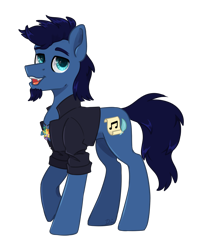 Size: 1134x1438 | Tagged: safe, artist:lambydwight, derpibooru import, oc, oc only, oc:starless, earth pony, pony, 2024 community collab, clothes, concave belly, derpibooru community collaboration, facial hair, goatee, side view, simple background, solo, standing, teeth, transparent background