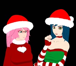Size: 988x858 | Tagged: safe, artist:mixermike622, derpibooru import, queen chrysalis, oc, oc:chrystina, oc:fluffle puff, human, 3d, bare shoulders, black background, breasts, chest freckles, choker, christmas, clothes, duo, duo female, evening gloves, female, fingerless elbow gloves, fingerless gloves, floof'n'friends, freckles, gloves, hat, holiday, humanized, humanized oc, long gloves, queen chrysaltits, santa hat, simple background, striped gloves, sweat