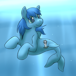 Size: 1200x1200 | Tagged: safe, artist:rawr, derpibooru import, oc, oc only, oc:frosted lights, hippocampus, merpony, crepuscular rays, head turn, smiling, solo