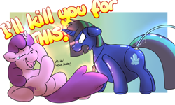 Size: 1500x900 | Tagged: safe, artist:rawr, derpibooru import, oc, oc only, oc:crystal shard, oc:windy rivers, inflatable pony, pony, unicorn, angry, balloon pony, crying, dialogue, ears, floppy ears, inflatable, inflation, laughing, lying down, on back, tears of laughter, water balloon