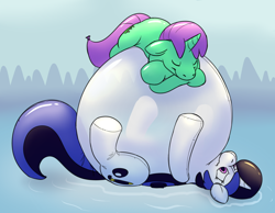 Size: 1350x1050 | Tagged: safe, artist:rawr, derpibooru import, oc, oc only, oc:circuit board, oc:inkwell, inflatable pony, unicorn, balloon, balloon pony, inflatable, inflation, lying down, lying on top of someone, ocean, on back, pool toy, sleeping, water