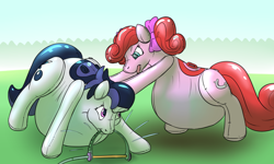 Size: 1500x900 | Tagged: safe, artist:rawr, derpibooru import, oc, oc only, oc:inkwell, oc:pretty princess, earth pony, inflatable pony, unicorn, bow, duo, hair bow, inflatable, inflation, mouth hold, pool toy, pushing, saddle, tack, water inflation