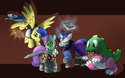 Size: 1600x1000 | Tagged: safe, artist:rawr, derpibooru import, oc, oc only, oc:circuit board, oc:inkwell, oc:lemon frost, oc:willy nilly, inflatable pony, pegasus, pony, unicorn, balloon pony, bub, bubble bobble, clothes, cosplay, costume, dark souls, inflatable, solaire of astora