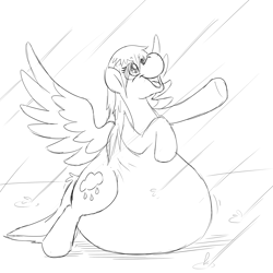 Size: 2000x2000 | Tagged: safe, artist:rawr, derpibooru import, oc, oc only, pegasus, pony, high res, inflation, open mouth, open smile, rain, sketch, smiling, solo, spread wings, wings