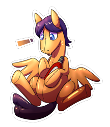 Size: 1900x2200 | Tagged: safe, artist:rawr, derpibooru import, oc, oc only, oc:ketchup sauce, inflatable pony, pegasus, bottle, exclamation point, food, high res, inflatable, ketchup, sauce, simple background, sitting, solo, surprised, transformation, transparent background