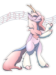 Size: 1800x2400 | Tagged: safe, artist:rawr, derpibooru import, oc, oc only, oc:kilora, kirin, original species, bipedal, eyes closed, high res, latex, latex pony, music notes, simple background, singing, solo, transparent background