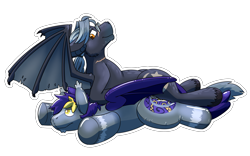 Size: 4000x2500 | Tagged: safe, artist:rawr, derpibooru import, oc, oc only, oc:skyler, bat pony, inflatable pony, pony, facial hair, glasses, high res, inflatable, lying down, male, on back, on top, prone, simple background, stallion, transparent background