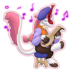 Size: 4000x4000 | Tagged: safe, artist:rawr, derpibooru import, oc, oc only, kirin, absurd resolution, clothes, eyes closed, hat, lute, music notes, ponytail, simple background, sitting, smiling, solo, stool, transparent background