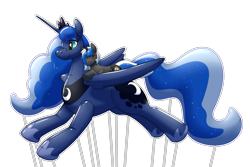 Size: 6000x4000 | Tagged: safe, artist:rawr, derpibooru import, princess luna, oc, oc:equui-nox, alicorn, inflatable pony, pony, unicorn, absurd resolution, balloon, blushing, eyes closed, inflatable, lying down, parade balloon, prone, riding, simple background, transparent background