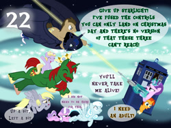 Size: 1032x774 | Tagged: safe, artist:bronybyexception, derpibooru import, derpy hooves, diamond tiara, dinky hooves, doctor whooves, princess luna, starlight glimmer, sunburst, oc, oc:snowdrop, advent calendar, doctor who, laser rifle, s5 starlight, sonic screwdriver, spirit of hearth's warming yet to come, tardis, the doctor, this will end in timeline distortion, younger